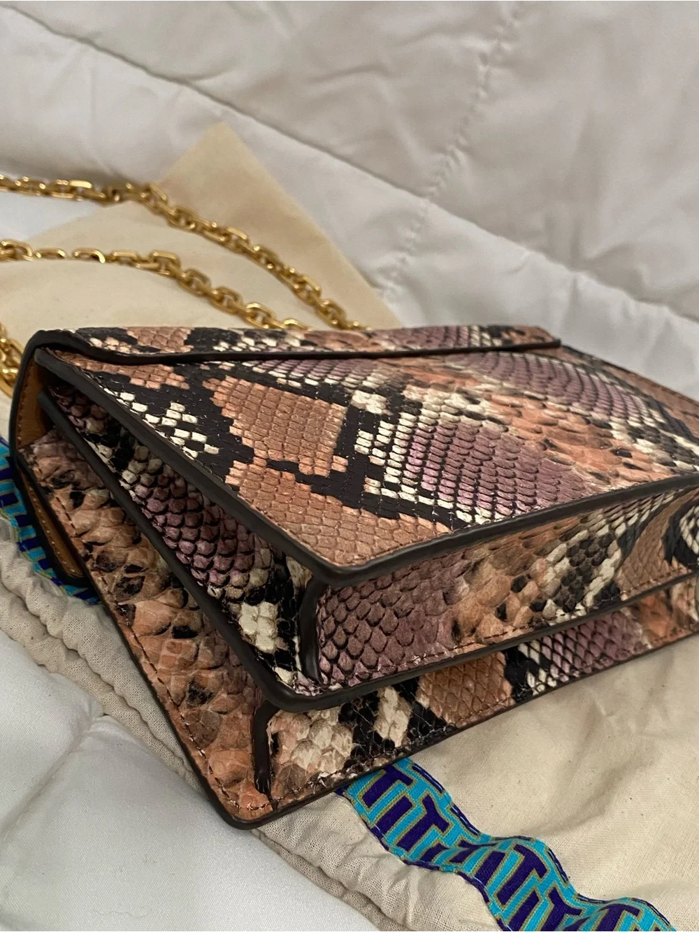 NWOT Tory Burch Pink Python Crossbody Bag Chain Strap Gemini Link Gold Hardware